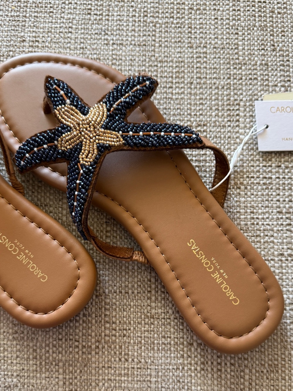 Caroline Constas Navy & Tan Starfish Beaded Flip Flop Beach Sandals - Picture 11 of 16